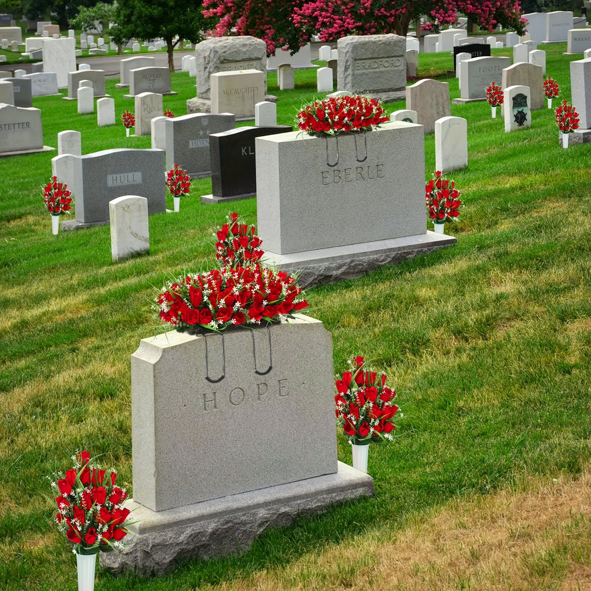 1/2/3pcs Artificial Cemetery Flower For Grave With Saddles, Artificial Silky Rose Flowers And Bouquets With Vases, Memorial Day Flowers For Cemetery, Outdoor Grave Headstones Decoration