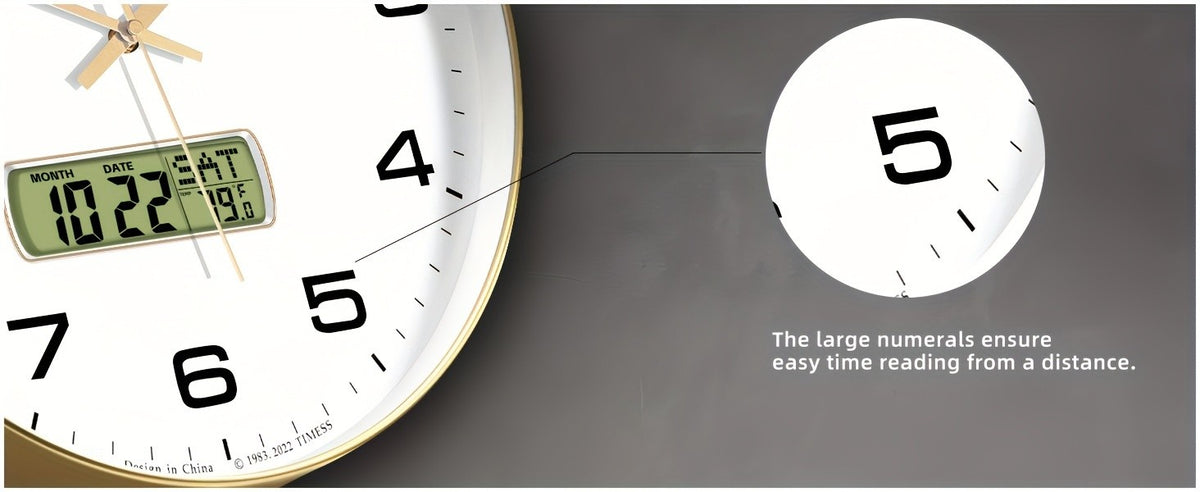 TIMESS calendar display analog wall clock, 10/12/14 inch 4-color large dial silent, can display perpetual calendar and Fahrenheit temperature, bedroom, office, school decoration