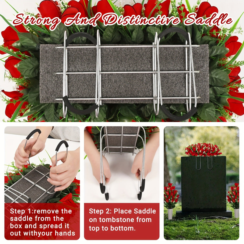1/2/3pcs Artificial Cemetery Flower For Grave With Saddles, Artificial Silky Rose Flowers And Bouquets With Vases, Memorial Day Flowers For Cemetery, Outdoor Grave Headstones Decoration