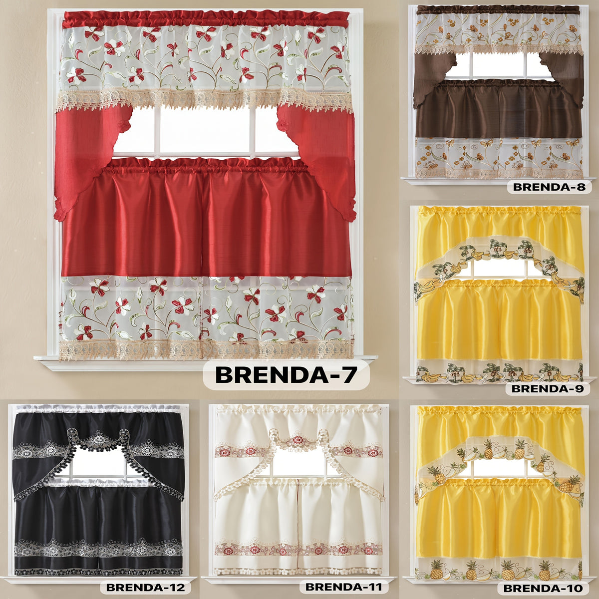 3pcs Bamboo Embroidered Kitchen Curtain Set, Floral Embroidery, Lightweight and Soft, Easy Care, Machine Washable, Satin Fabric, Embroidered