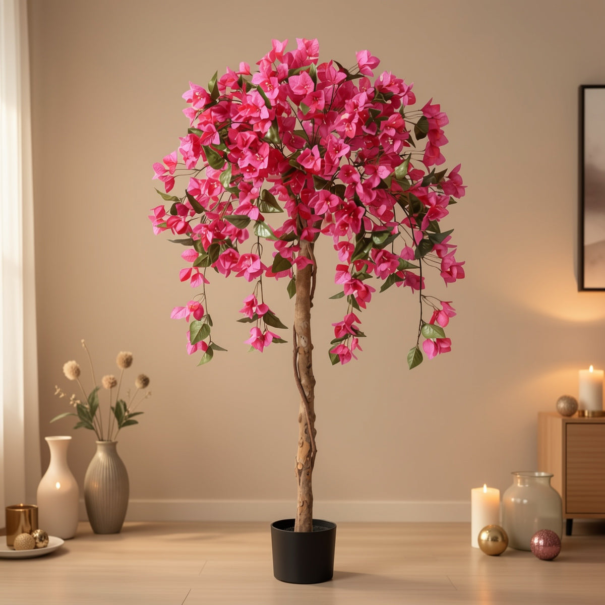 Artificial Bougainvillea Flowers Tree, Faux Potted Plants with Wood Trunk And Pink Flowers for Housewarming Decor Gift