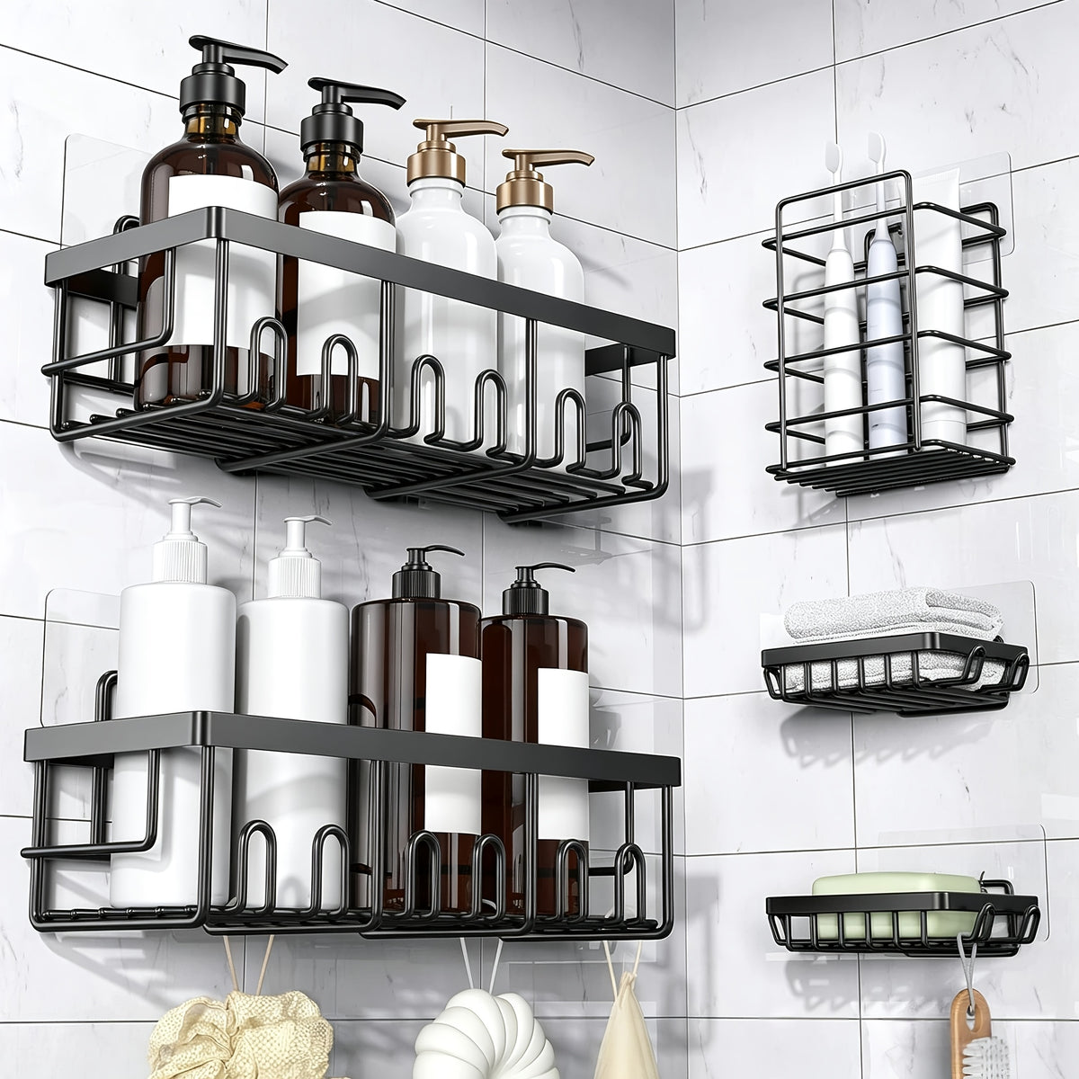Shower Caddy Organizer, 5-Pack Adhesive Rustproof Stainless Steel Shower Shelves with Soap Holder, No Drilling Shower Storage Rack for Family Renters Bathroom, Random Colors to Choose, Shower Caddies