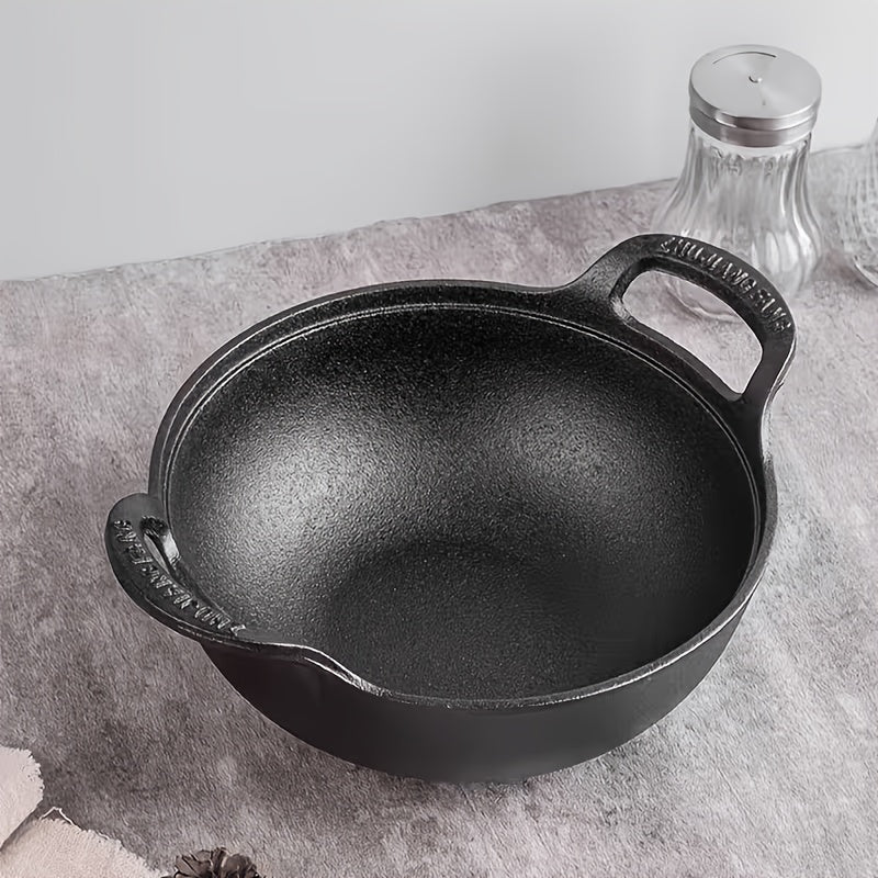 5 Sizes Cast Iron Wok, 7.87/ 9.84/ 10.62/ 11.81/ 12.59in Heavy-Duty Cast Iron Skillet, Traditional Uncoated Deep Stir-Fry Pan, Multi-functional Kitchen Cookware, Durable Cooking Pot with Dual Handles, Grilling Steaks & Baking, Ideal for Home, Outdoor