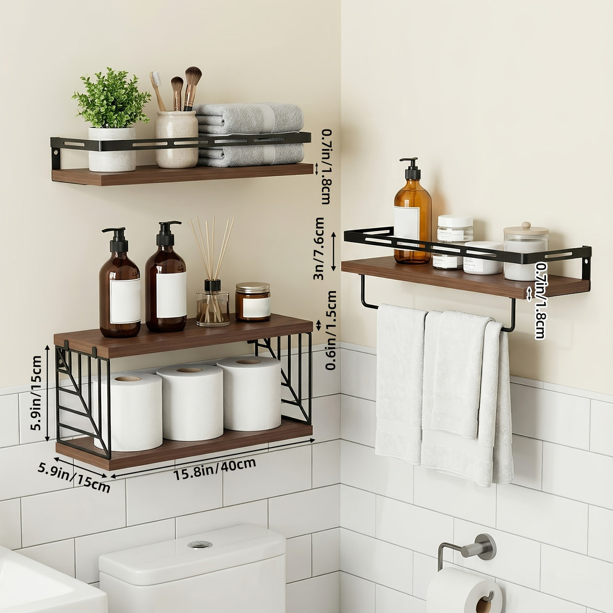 TOMNK 3/4pcs Wall Mounted Floating Storage Rack, Rustic Wood Wall Shelf with Guardrail, Multifunctional Display Unit for Bedroom, Living Room, Bathroom And Kitchen
