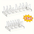 White Expandable Pan and Lid Organizer, Adjustable Divider Rack for Pots, Pans and Bakeware, Space-Saving Kitchen Cabinet Cookware Storage