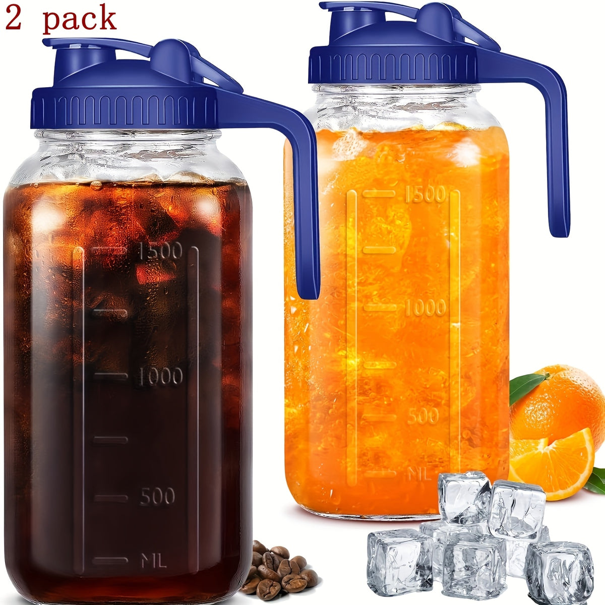 Grinkwell 64Oz Mason Jar with Handle And Lid, 2/3 Pack, Bpa-Free High Borosilicate Glass, Sports And Outdoor Beverage Carafe, Leak-Proof, for Ramadan, Christmas, New Year
