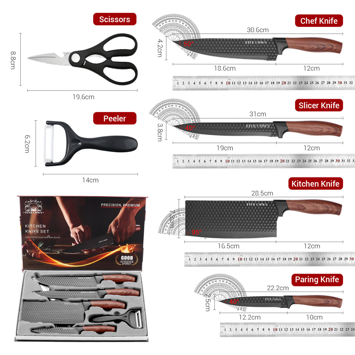 Professional Forged Stainless Steel Kitchen Knife Set(7pcs/6pcs)- Includes a Boning Knife, Slicing Knife, Carving Knife, Fish Knife, Butcher Knife, and Scissors. Suitable for Meat and Fish; Ultra-sharp and Durable Knives.