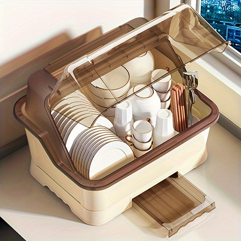 2025 Upgraded Covered Dish Organizer - Space-Saving Countertop & Cabinet Rack | Breezy Cream Cutlery Holder W/ Drain Plate | Dust-Proof Design & Effortless Setup The Best Gifts for Thanksgiving And Christmas