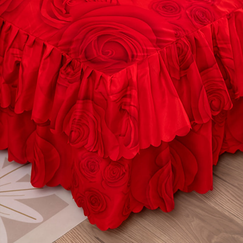 Set of 3 (1 Bed Skirt And 2 Pillowcases) Featuring a Double-Layered Hem, Adorned with a Plant And Flower Design. Includes a Dust-Proof Hem, Bed Sheet, Bed Cover, And Mattress Protector, All Machine Washable