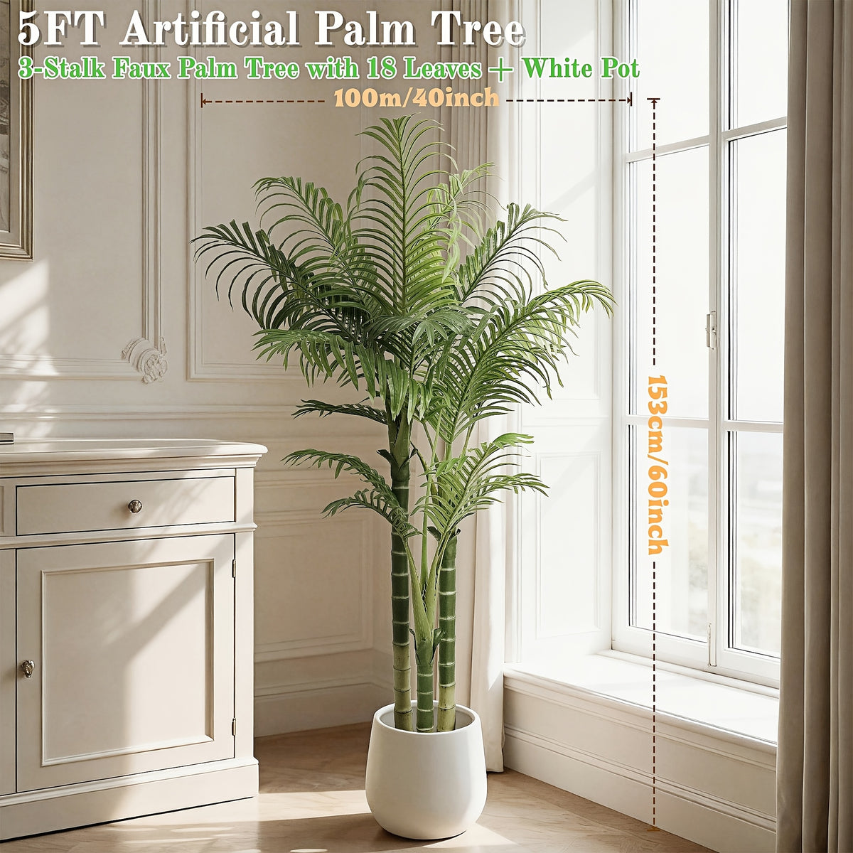 4/5/6ft Artificial Palm Tree, Tall Faux Palm with Bare Stem/Black/White Planter Options, UV-Resistant Realistic Dense Leaves, Tropical Floor Plant Zero Maintenance Easy Assembly Fake Tree for Living Room, Front Porch, Patio, Office & Commercial Decor