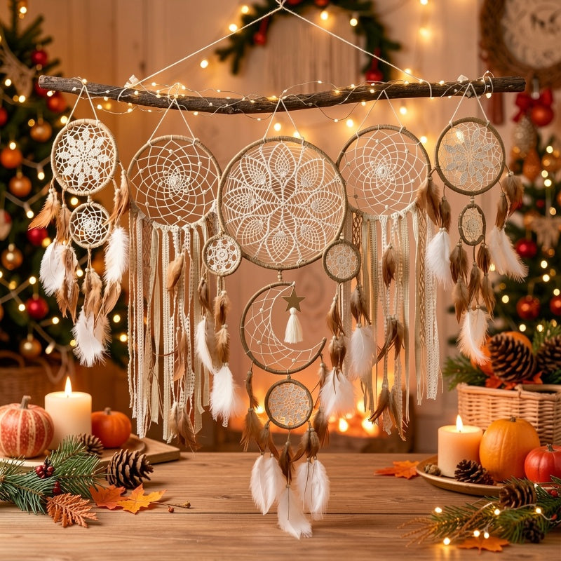 Dream Catcher Wall Decor Set of 5, Camel Boho Hanging Decorations with Woven Ring Designs and Feather Accents for Bedroom and Living Room