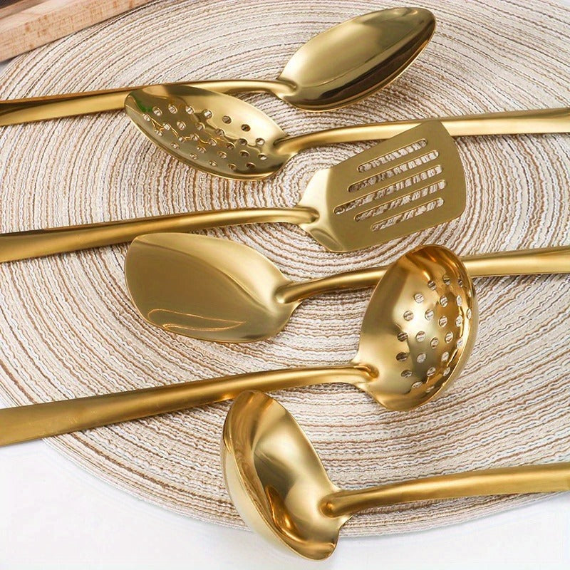 6pcs Set of Korean Style Stainless Steel Golden-plated Kitchen Utensils: Home Cooking Spoons, Frying Flip Spoons - Essential Luxury Golden Service Spoons with Filters and Hot Pot Clips, Perfect for Cooking, Buffets, Restaurant Banquets