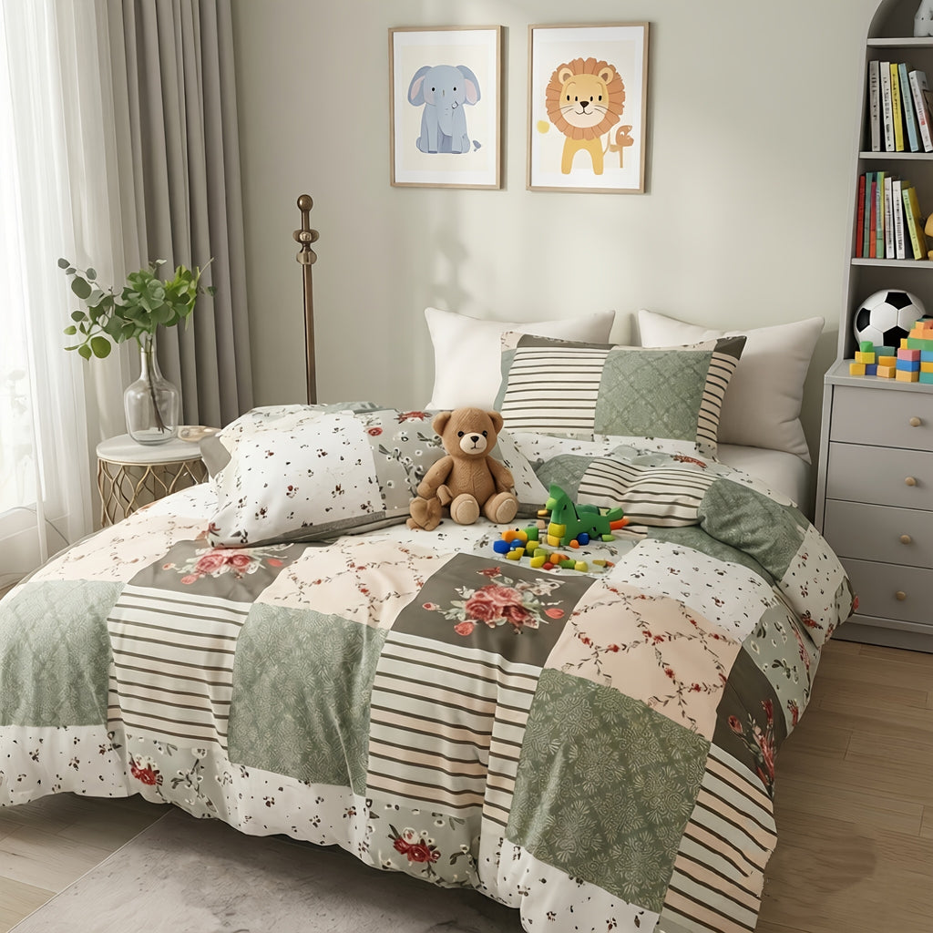 Floral Patchwork Duvet Cover Set, 3-Piece Lightweight Flower and Plaid Bedding with Zipper and 2 Pillowcases in Blue Green or Pink, No Comforter Insert