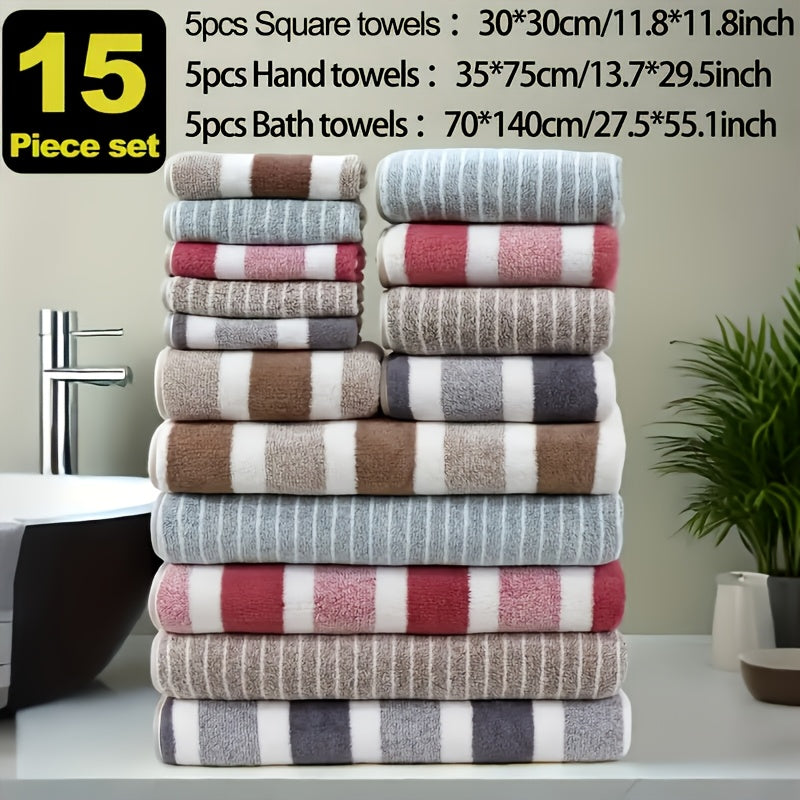 9/15pcs Classic Towel Set, No Hair Loss, Super Absorbent, Super Soft Two-Color Striped Interval Bath Towel Combination, Including 2/5 Large Bath Towels, 2/5 Large Face Towels, 5 Hand Towels, Bathroom Supplies, And Beach Essentials