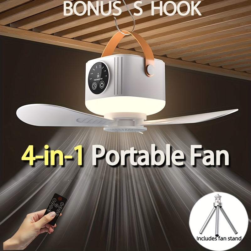 Portable Camping Fan With Light, Available With Or Without Tripod | Quiet USB Rechargeable Fan With Remote, Adjustable Speed & Brightness | Long Life Outdoor Tent Fan For Bedroom, Dorm, Travel