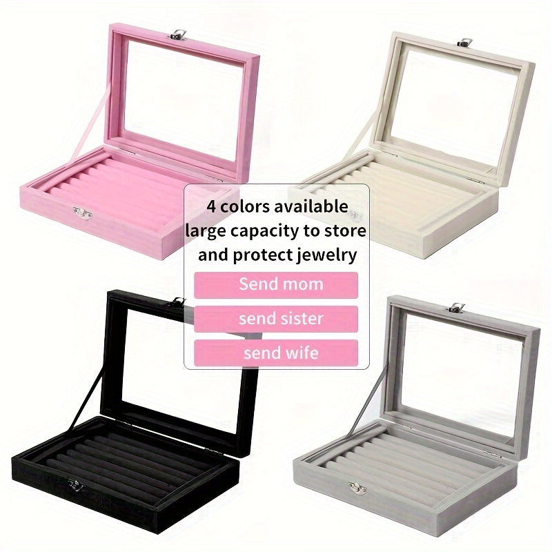49-Ring Capacity Glass-Like Plastic Jewelry Box with Locking Lid - Large Rectangular Ring & Earring Storage Case for,, Dresser Organizer - Waterproof & Anti-Tarnish, 4 Colors (Black, White, Brown, Beige) - Holiday Gift, Jewelry Boxes