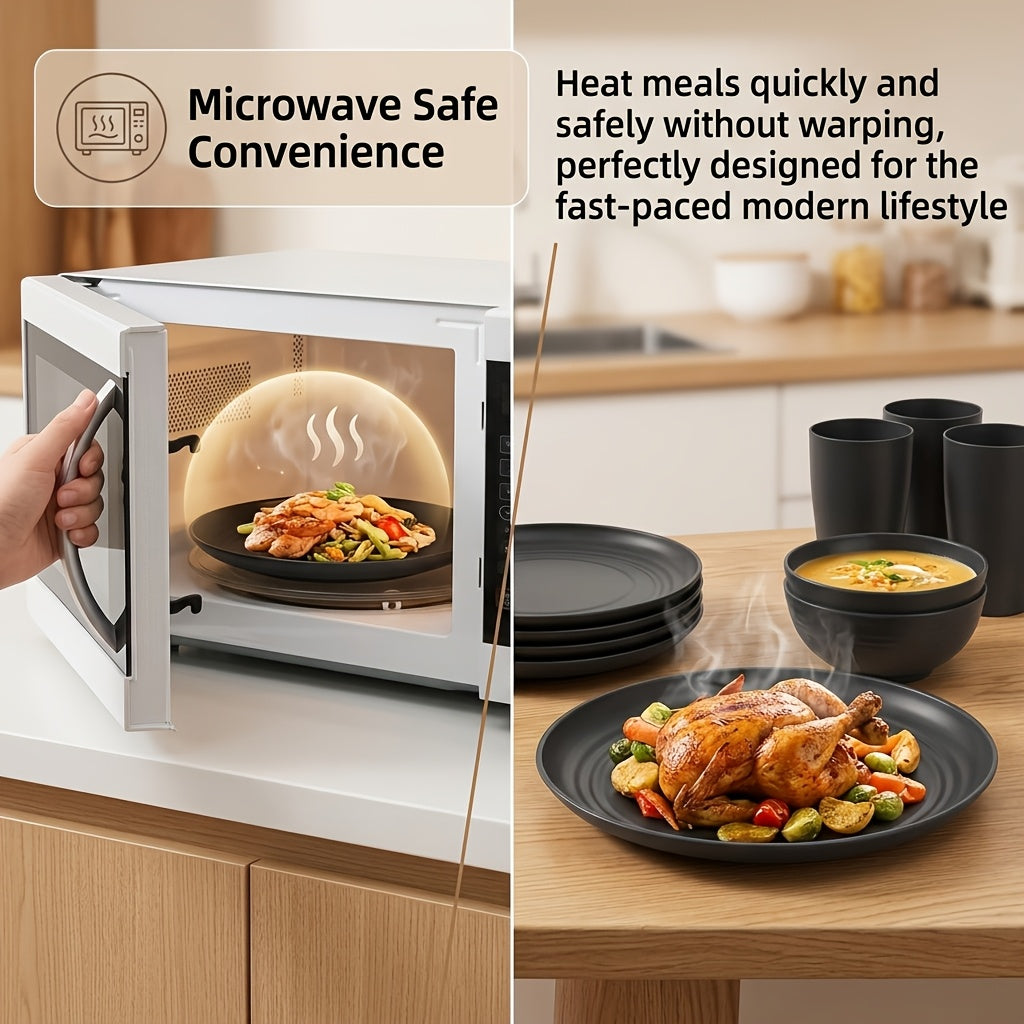 Brczuo16/32pcs Securely Fixed Non Fragile Plates, Wheat Straw Tableware Set, Microwave Dishwasher Safe, Durable Tableware, Black Set Includes 16 Plates, 8 Bowls, 8 Cups, Suitable For Family Gatherings, Birthday Parties, Camping