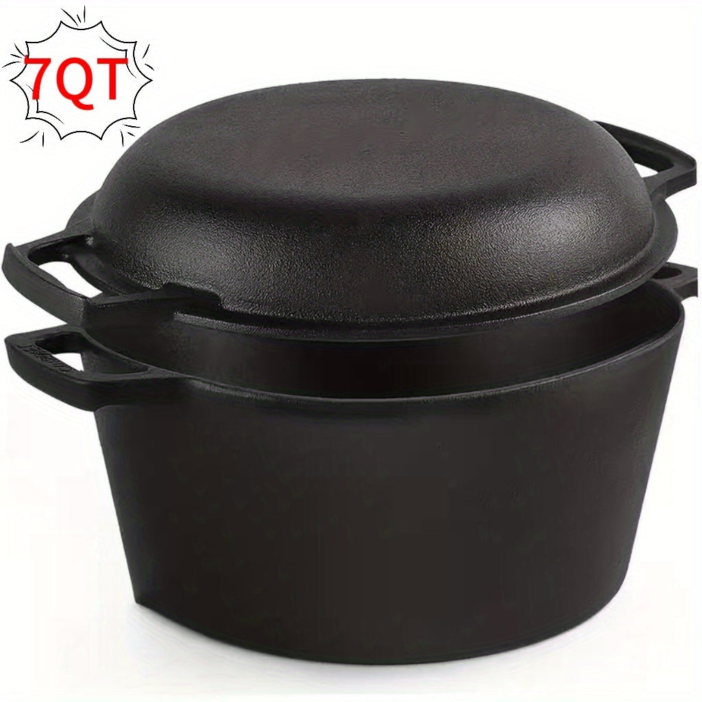 7QT Hand-built 2-in-1 Cast Iron Cookware Set (5.1QT Dutch Oven + 1.9QT Skillet) Dual-Purpose Holiday Cooking Kit For Stove, Induction, Oven, Campfire, With 2 Handles Outdoor BBQ &Indoor Make Sourdough Bread, Frying, Baking, Camping