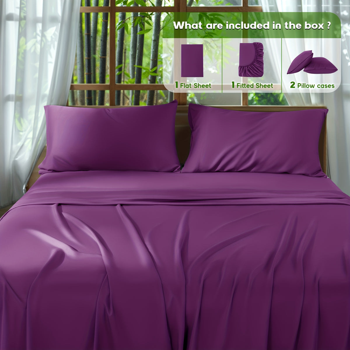 4pcs 2000 Thread Count Cooling Bamboo Bed Sheets Set, Breathable Soft Hotel Bed Sheets with 16" Deep Pocket, Wrinkle & Shrink Resistant, Includes Fitted Sheet, Flat Sheet & 2 Pillowcases, All-Season Luxury Bedding for Hot Sleepers