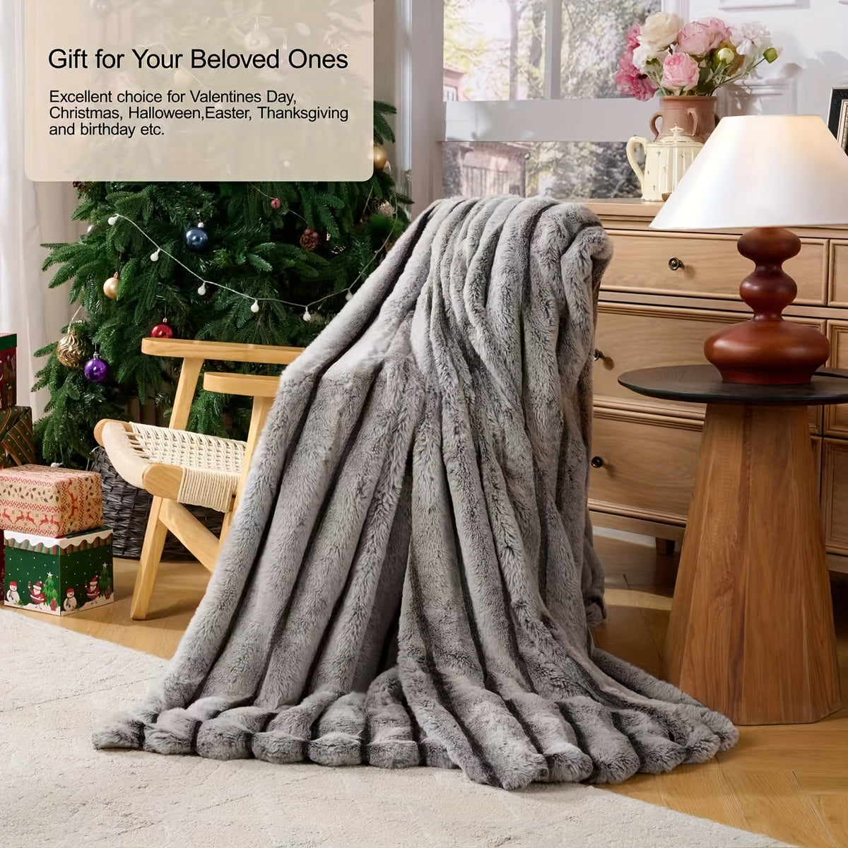 A Faux Rabbit Fleece Blanket, Double Layer Thickened, All Season, King/Queen Size, Winter Blankets Soft Warm, Throw For Adults Reversible Machine Washable Blanket, For Home, Car, Office, Travel, Couch Cover, Christmas, Halloween Gift, Birthday Gift