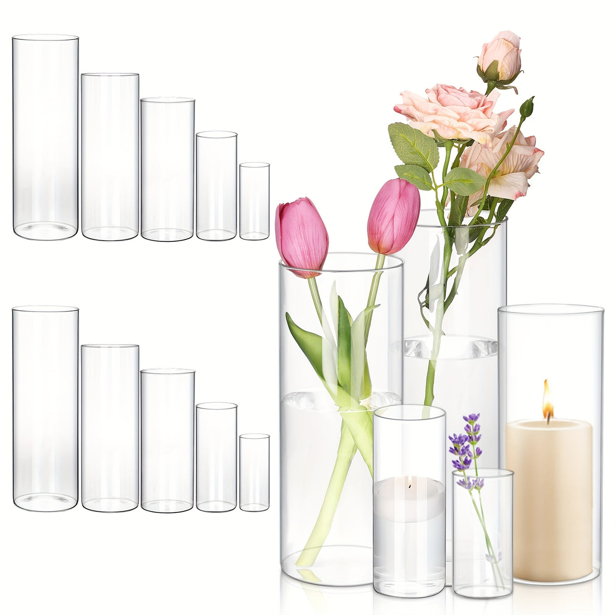 TOMNK 15/20/25/30pcs Glass Cylinder Vases, 5 Sizes Transparent Vase, Hurricane Vases, Glass Flower Vases for Wedding Decorations, Home Decor, Party, Home, Office Decoration, Decoration Vase for Teacher Appreciation, Mother's Day And Graduation Gifts