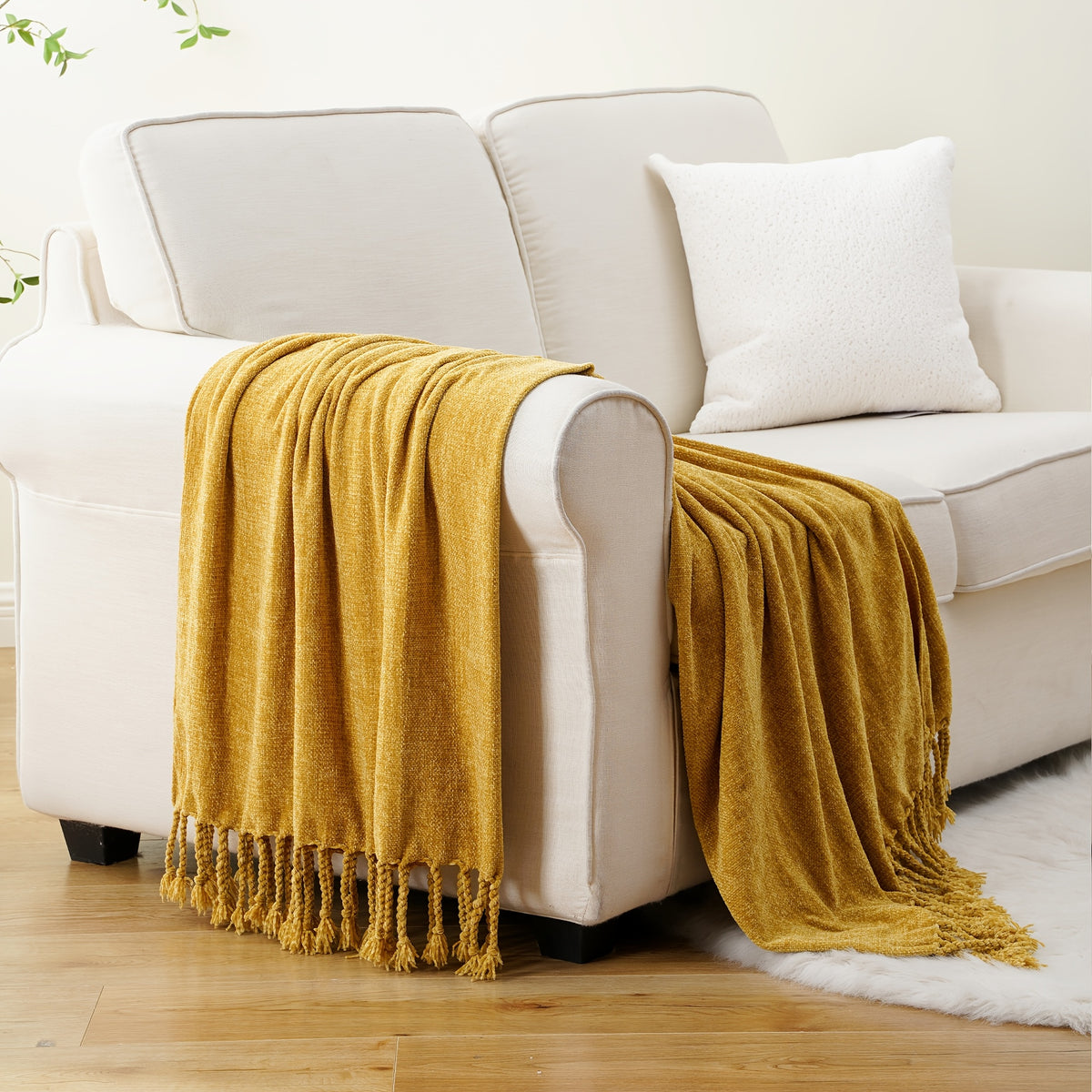 Decorative Fringe Velvety Throw Blanket for Sofa Home Decor, Chenille Throw Blanket for Couch, 50"x60"