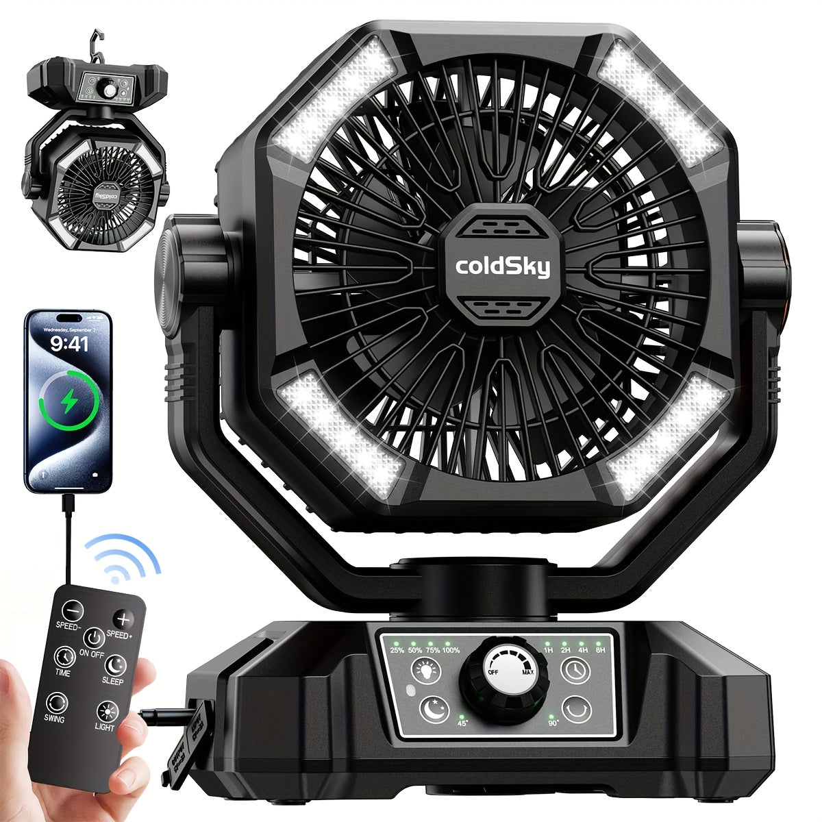 20000Mah Battery Powered Camping Fan - Dual Motor, 8-Speed with Remote Control & 4 LED Lanterns, Portable Outdoor Fan with Hook for Tent, Power Outage, Construction Site, For Outdoor Camping Travel