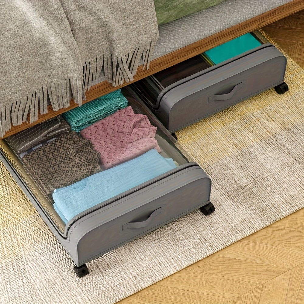 2pcs Under Bed Storage Organizer Metal Underbed Bins With Wheels And Lid Metal Underbed Storage Containers Under Bed Rolling Storage For Clothes, Bedding, Shoes, Blankets, Books, Under-Bed Storage