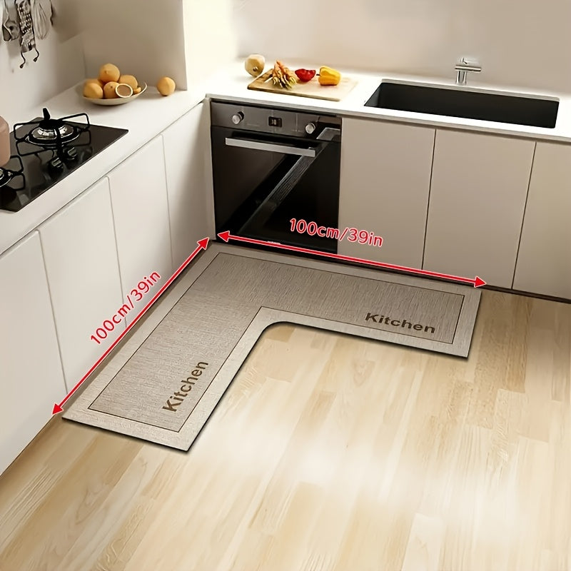 Kitchen mat with "Kitchen" text - Non-slip backing, ultra-soft microfiber, striped and solid colors, irregular shape. Suitable for entryways and dining area entrances - Easy to clean home decor, modern kitchenware style, machine-made for durability