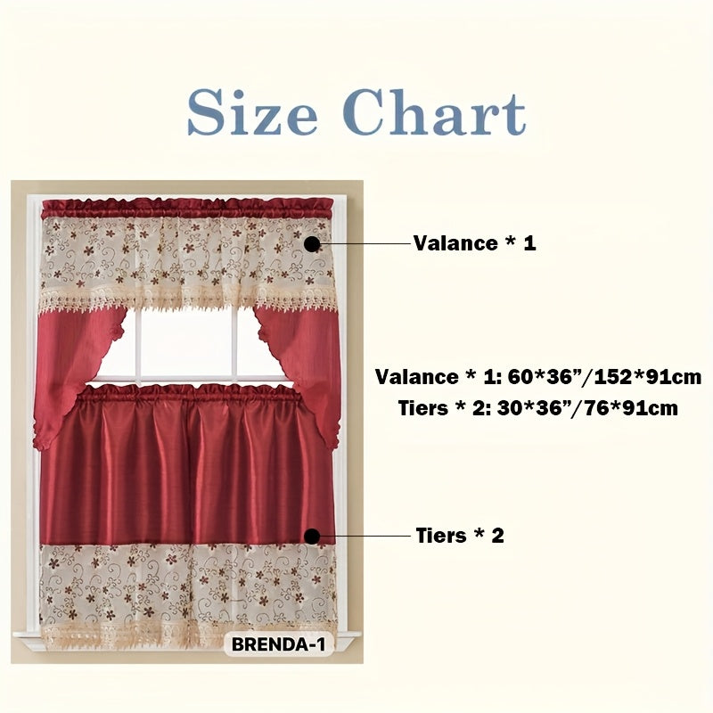 3pcs Bamboo Embroidered Kitchen Curtain Set, Floral Embroidery, Lightweight and Soft, Easy Care, Machine Washable, Satin Fabric, Embroidered