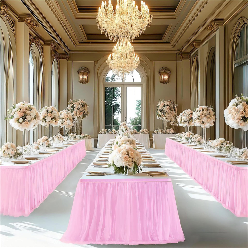 6Ft Pink Tulle Table Skirt Tablecloth, Pink Ruffle Tutu Table Skirts, for Rectangle Tables Or Round Tables Desk Skirt for Princess Birthday Party Cake Dessert Table Decorations Halloween, Christmas
