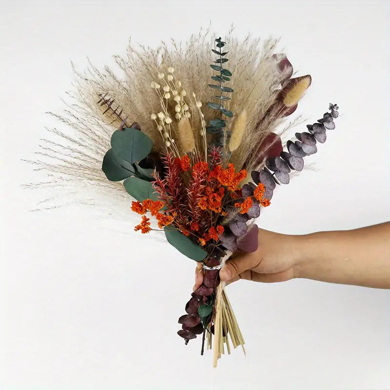 Bohemian Dried Flower Bouquet with Bama Grass, Eucalyptus & Rabbit Tail Plants - Artificial Plastic Flowers in Beige, Brown, White, Red, Green & Golden - Rustic Wedding, Bridal, Valentine'S Day, Halloween, Easter, Thanksgiving Centerpiece - No Maintenance