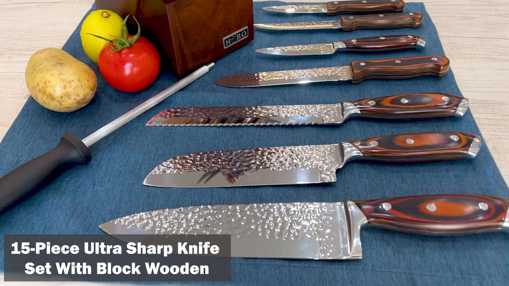 Kitchen Knife Set, 15pcs Knife Set With Block Wooden, Self Sharpening For Chef Knife Set, Medium Carbon Stainless Steel Hammered Knife Block Set With Steak Knives, Knives For Men, Boxed Knife Sets For Kitchen, For Family Gift, Local Warehouse