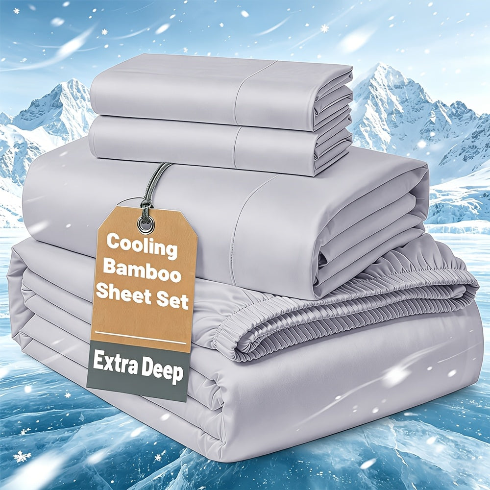 Cooling Bamboo Bedding Set with Flat Sheet, Deep Pocket Fitted Sheet and Pillowcases, Soft Breathable Sheets in 13 Colors for Twin Full Queen King