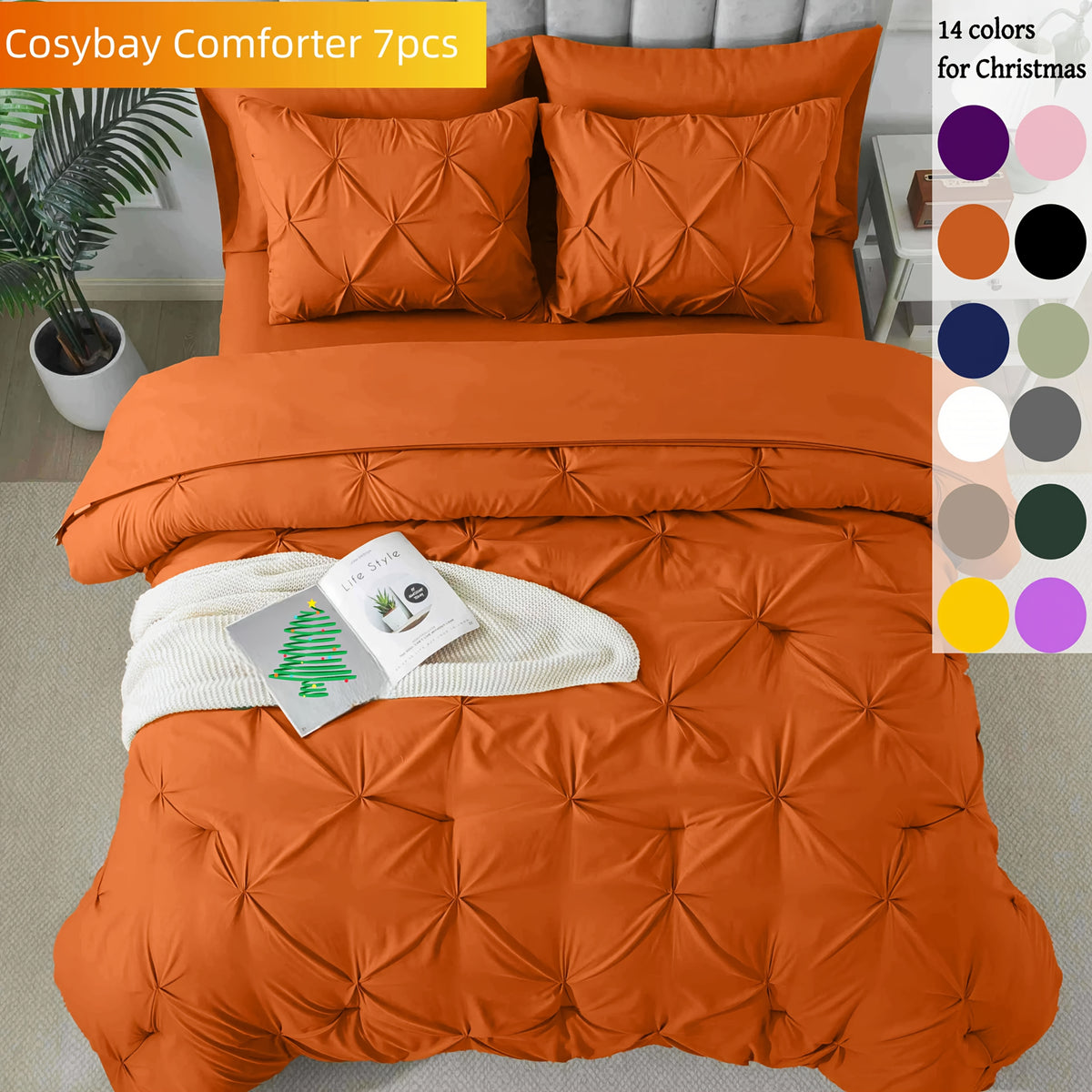 Cosybay 7 Piece Pinch Pleated Comforter Set Queen King Size, Luxury Soft Fluffy Bedding Includes 1 Comforter, 1 Extra Deep Pocket Fitted Sheet, 1 Flat Sheet, 4 Pillowcases & Pillow Covers, Perfect for Halloween Party, Holiday Celebrations & Birthday