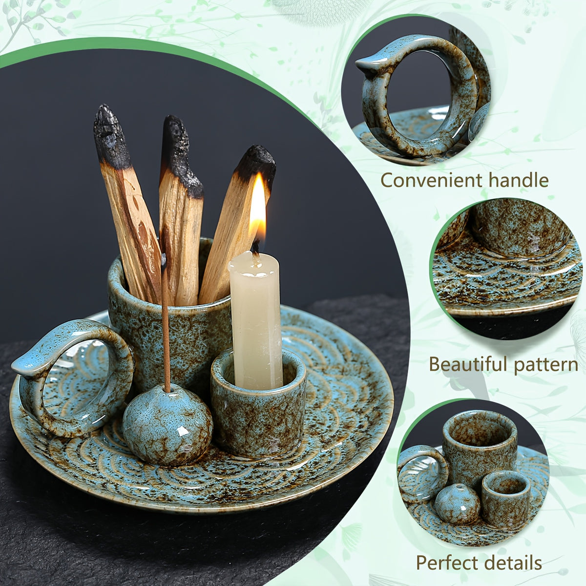 1pc Premium Ceramic Incense Burner, 4-in-1 with Handle, Suitable for Incense Sticks, Sage, Candle Holder, Perfect Ash Collection, Exquisite Home Decor Tray, Ideal for Yoga, Meditation, Housewarming, Gifts for Friends and Family