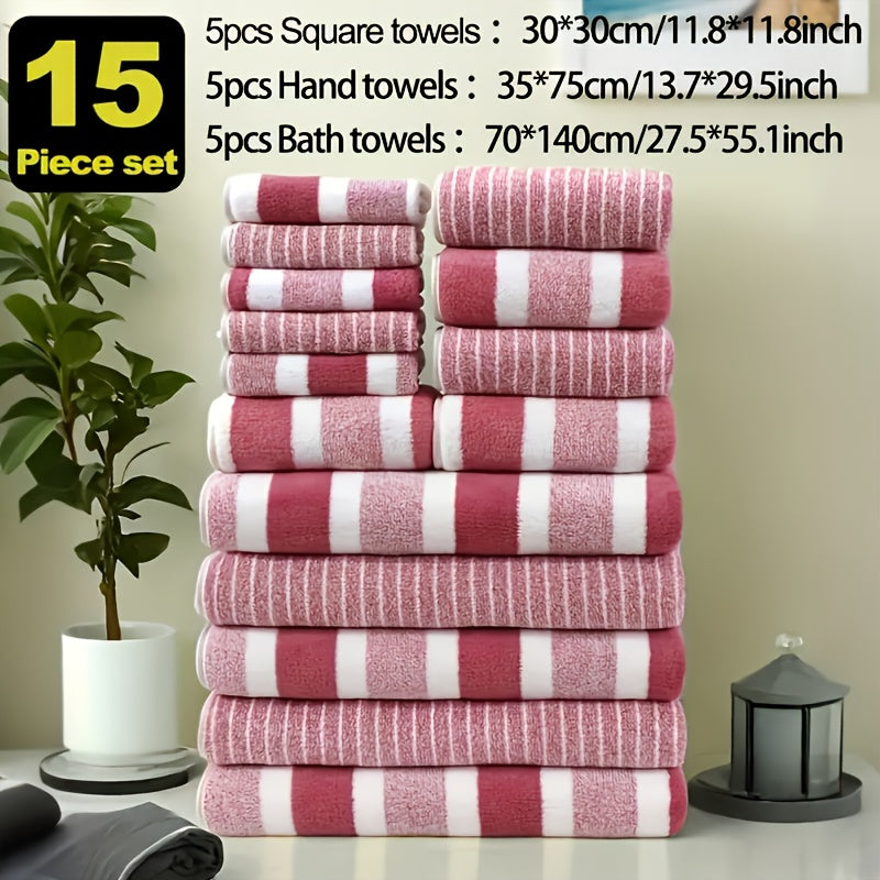 9/15pcs Classic Towel Set, No Hair Loss, Super Absorbent, Super Soft Two-Color Striped Interval Bath Towel Combination, Including 2/5 Large Bath Towels, 2/5 Large Face Towels, 5 Hand Towels, Bathroom Supplies, And Beach Essentials
