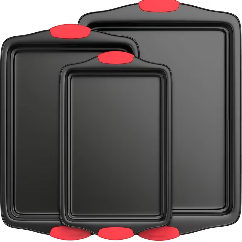 Carbon Steel Baking Pan Set with Red Silicone Handles, Nonstick Interior and Exterior Metal Oven Bakeware for Cookies, Roasting and Holiday Baking