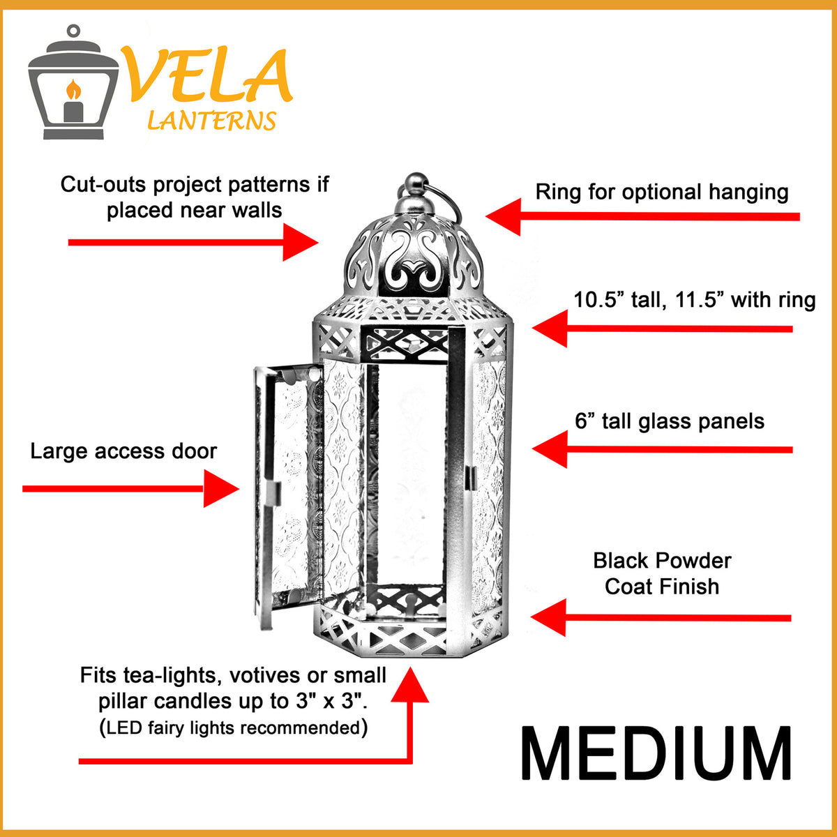 Decorative Moroccan Candle Lantern Holder, Medium, 10.5" Tall