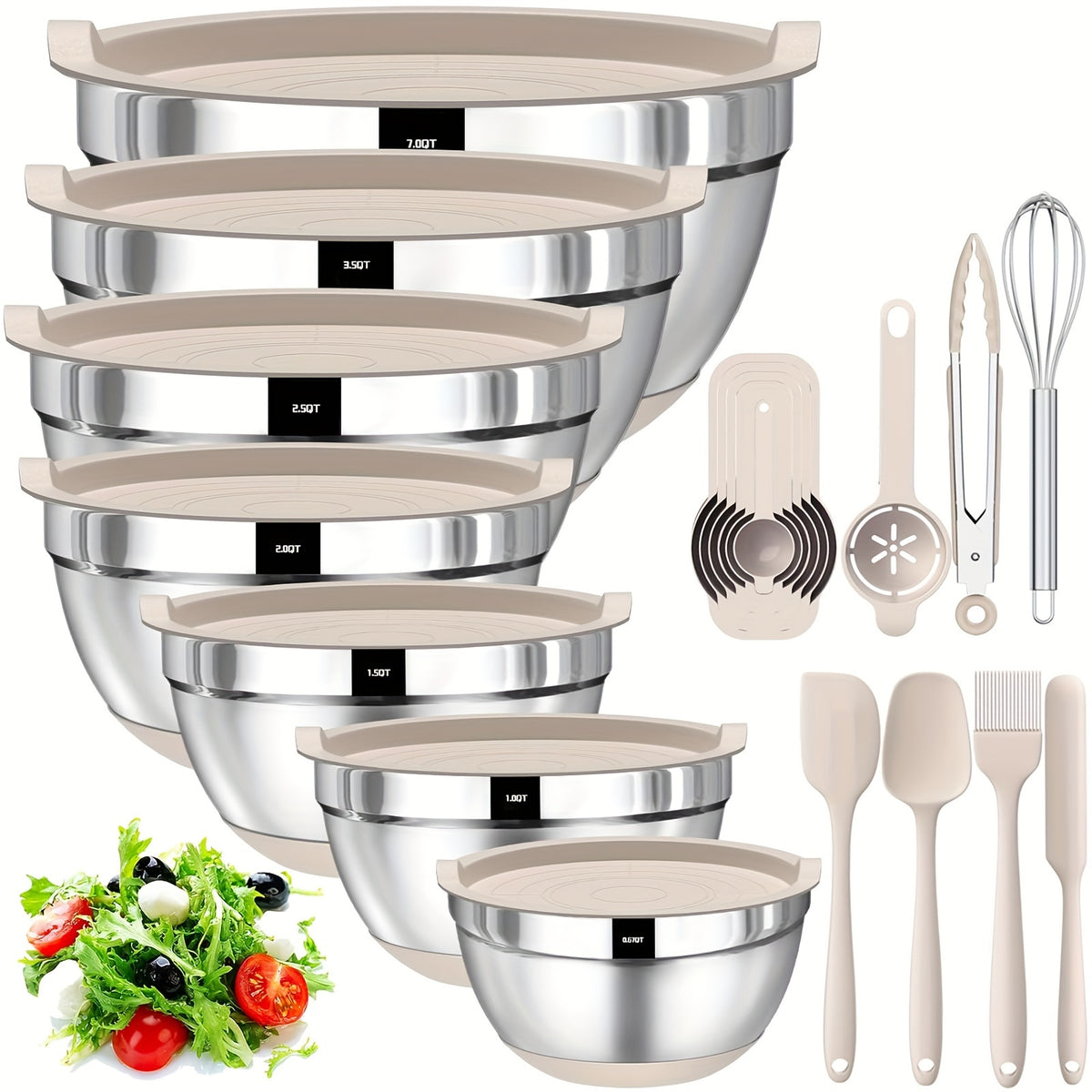 20pcs Mixing Bowls With Airtight Lids, Stainless Steel Metal Nesting Bowls, Non-Slip Colorful Silicone Bottom, Size 7, 3.5, 2.5, 2.0, 1.5, 1, 0.67QT, Great For Mixing, Baking, Serving