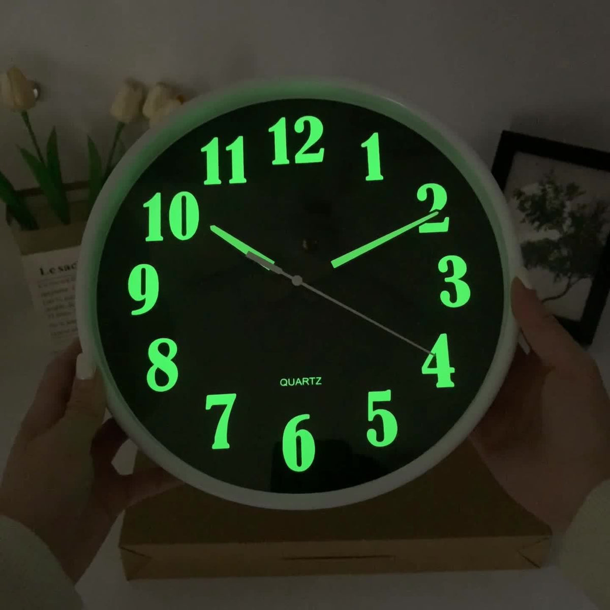 8-16 Inch Modern Black Glow-in-the-Dark Wall Clock, Silent No-Ticking, Battery Powered, Decorative Clock for Living Room, Bedroom, Office & Kitchen, Plastic Frame with High-Transparency Glass Mirror, Perfect Christmas & Housewarming Gift