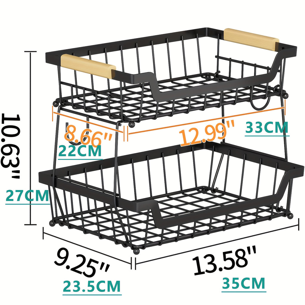 2-Tier Countertop Fruit Basket with 2 Banana Hangers for Kitchen, Detachable Metal Organizer for Bread Vegetable Fruits with Wooden Handle, Large Capacity Rectangular Storage Stand Bowls, Black