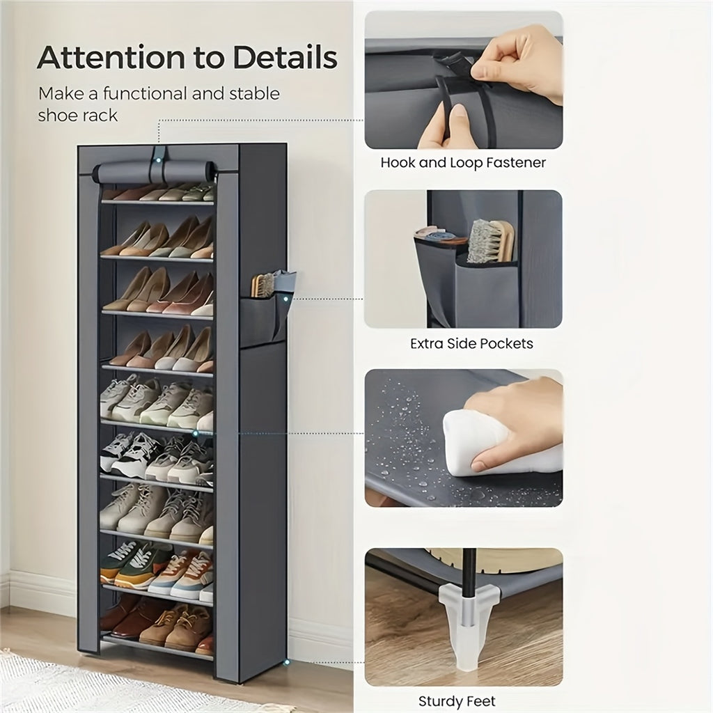 10-layer 9-compartment Large Sturdy Non-woven Shoe Cabinet, with Dust Cover Two Cloth Bags, Space-Saving Narrow Design, Easy Assembly for Entryway, Closet, Dorm, Home - Multi-Layer Combination Storage Cabinet for Cloth And Steel Shoes