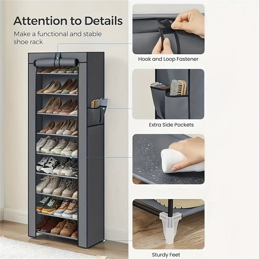 10-layer 9-compartment Large Sturdy Non-woven Shoe Cabinet, with Dust Cover Two Cloth Bags, Space-Saving Narrow Design, Easy Assembly for Entryway, Closet, Dorm, Home - Multi-Layer Combination Storage Cabinet for Cloth And Steel Shoes