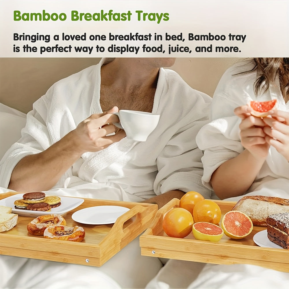 2pcs Bamboo Breakfast Tray with Folding Legs & Handles - Extra Wide Stable Food-Safe Bed Tray Table for Eating, Working, Drawing - Portable Foldable Design for Sofa, Bed, Lazy People, Bedside Table | Natural Look | with 10pcs Paper Plates