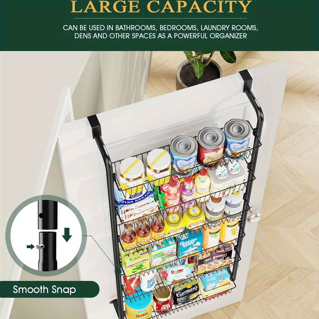 Pantry Door Storage Organizer, 6 or 8 Tier Metal Basket Rack in Black or White for Spices, Snacks, Kitchen Essentials, Laundry and Bathroom Supplies