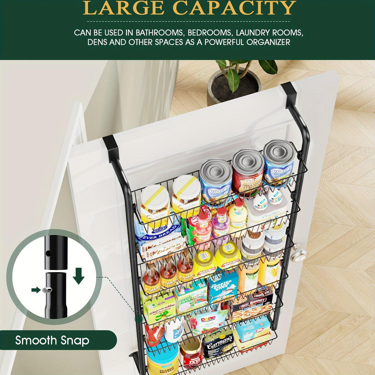 Pantry Door Storage Organizer, 6 or 8 Tier Metal Basket Rack in Black or White for Spices, Snacks, Kitchen Essentials, Laundry and Bathroom Supplies