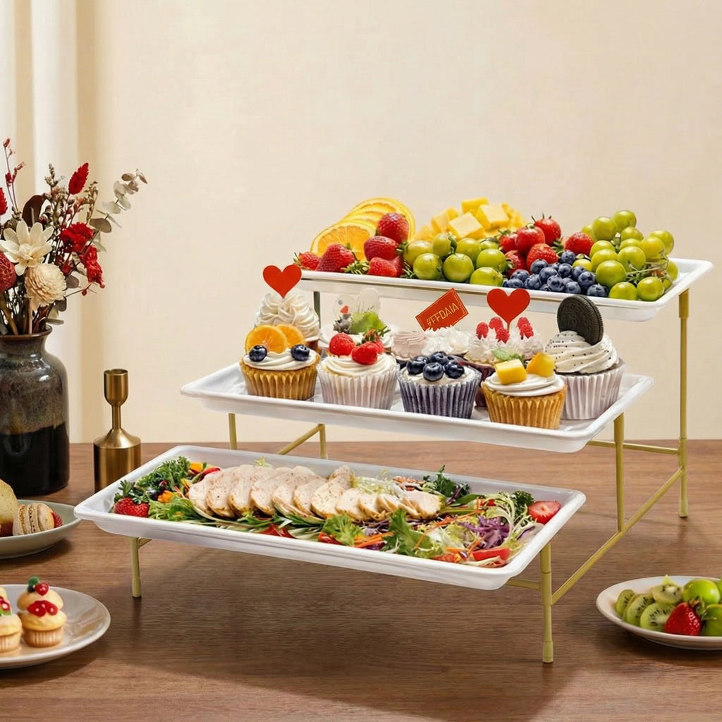 12" x 6.5" Platters for Serving Food, 3 Tier Plastic Serving Tray for Party Supplies, White Reusable Trays with Metal Display Stand for Veggie, Fruit, Dessert