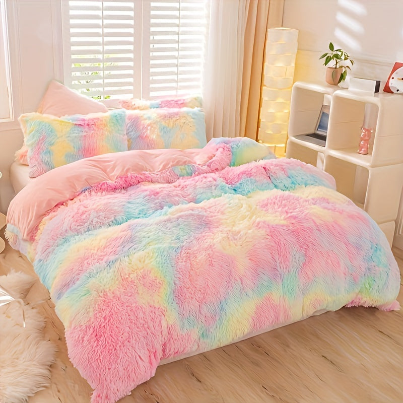Plush Duvet Cover Set with 2 Pillowcases, 3-Piece Zipper Closure Bedding in Solid and Tie Dye Colors for Bedrooms, Guest Rooms and Dorms, No Insert