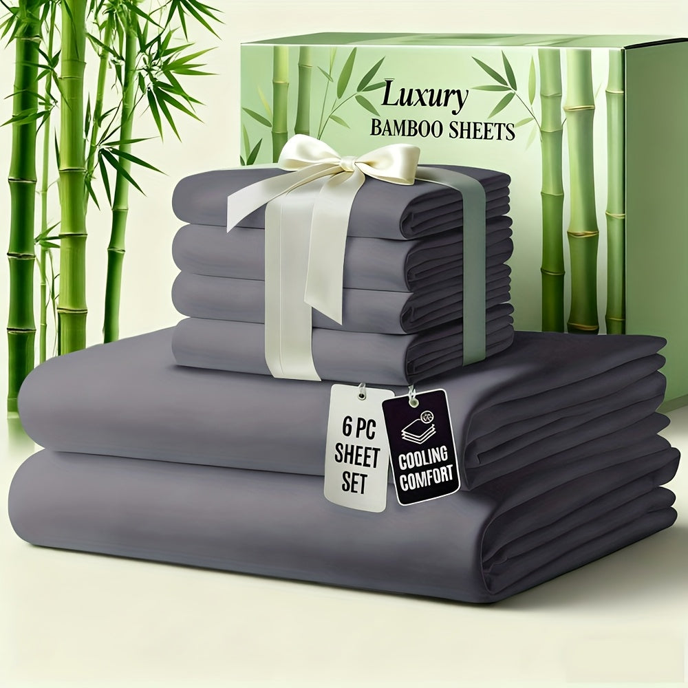 6pcs Luxury Bamboo Cooling Bed Sheet Sets - Viscose Derived From Bamboo Sheets Queen/King Size - Luxuriously Ultra Soft & Breathable Bedding Sheet Set - Deep Pocket Fitted Sheet with Bamboo Texture, Wrinkle-Resistant Soft Sheets